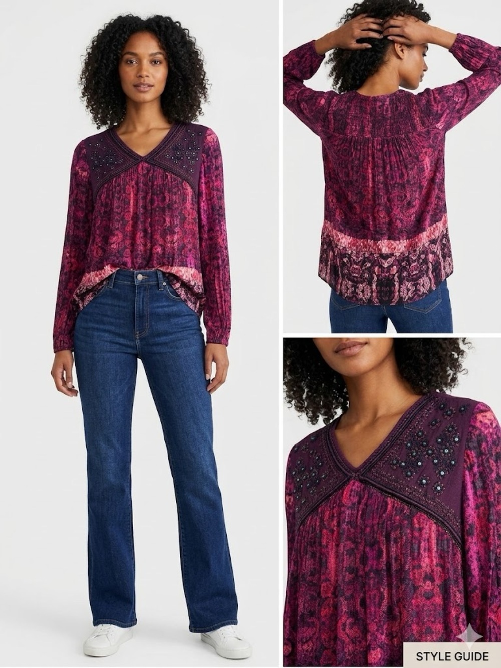 Vintage America V‑Neck Long Sleeve Floral Blouse in Plum
